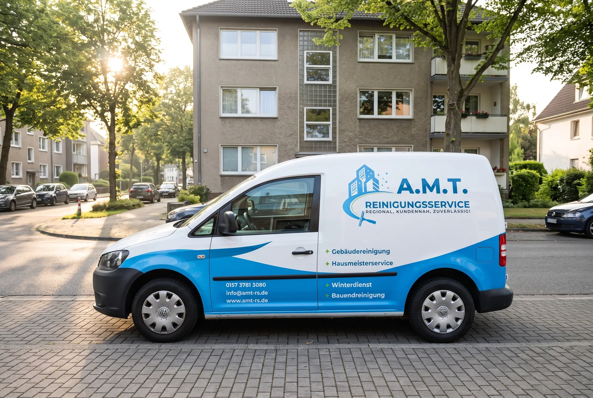 Firmenwagen von A.M.T. parkt vor einem Mehrfamilienhaus