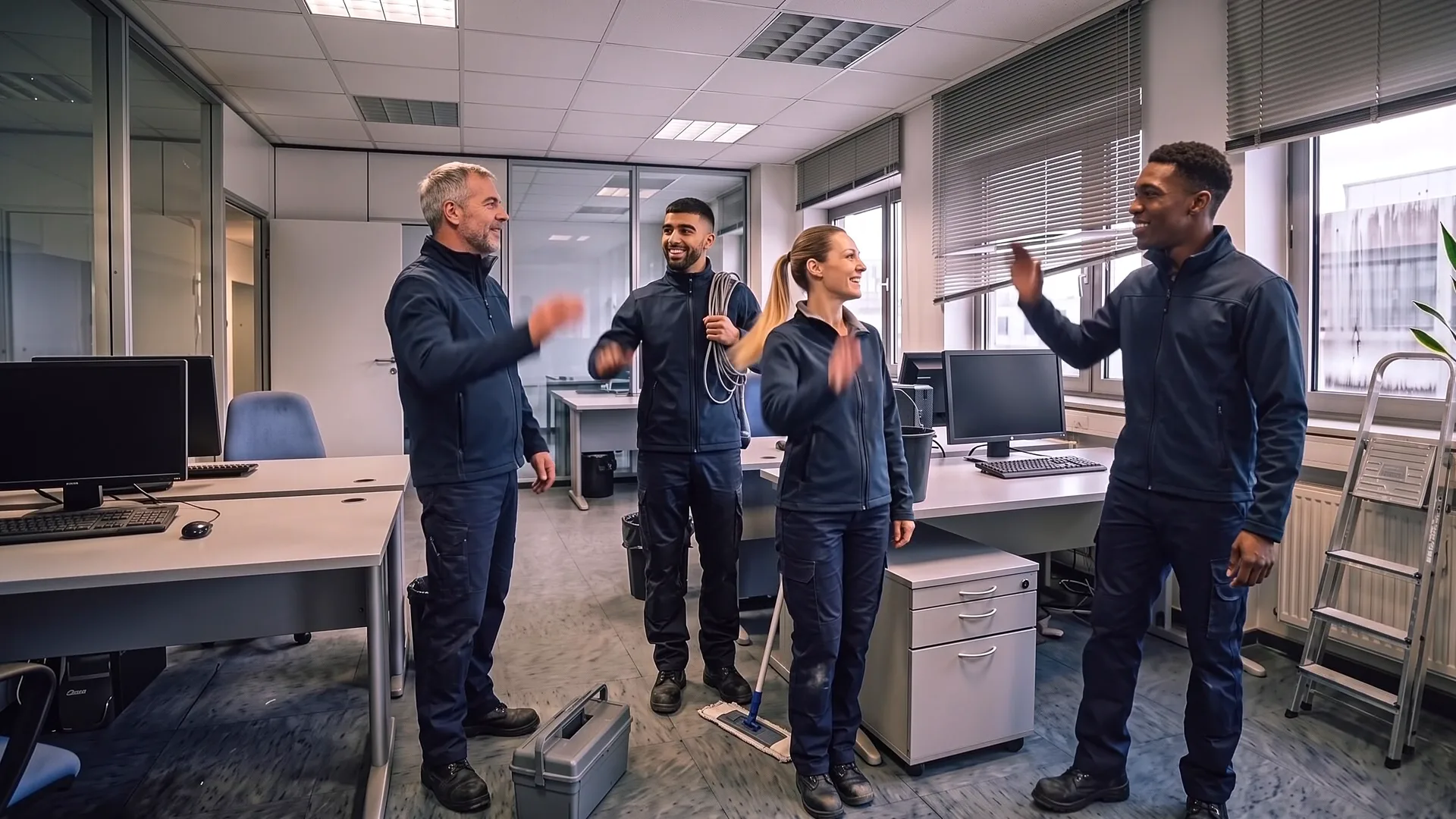 Das Team von A.M.T. nach getaner Arbeit in einem Büro