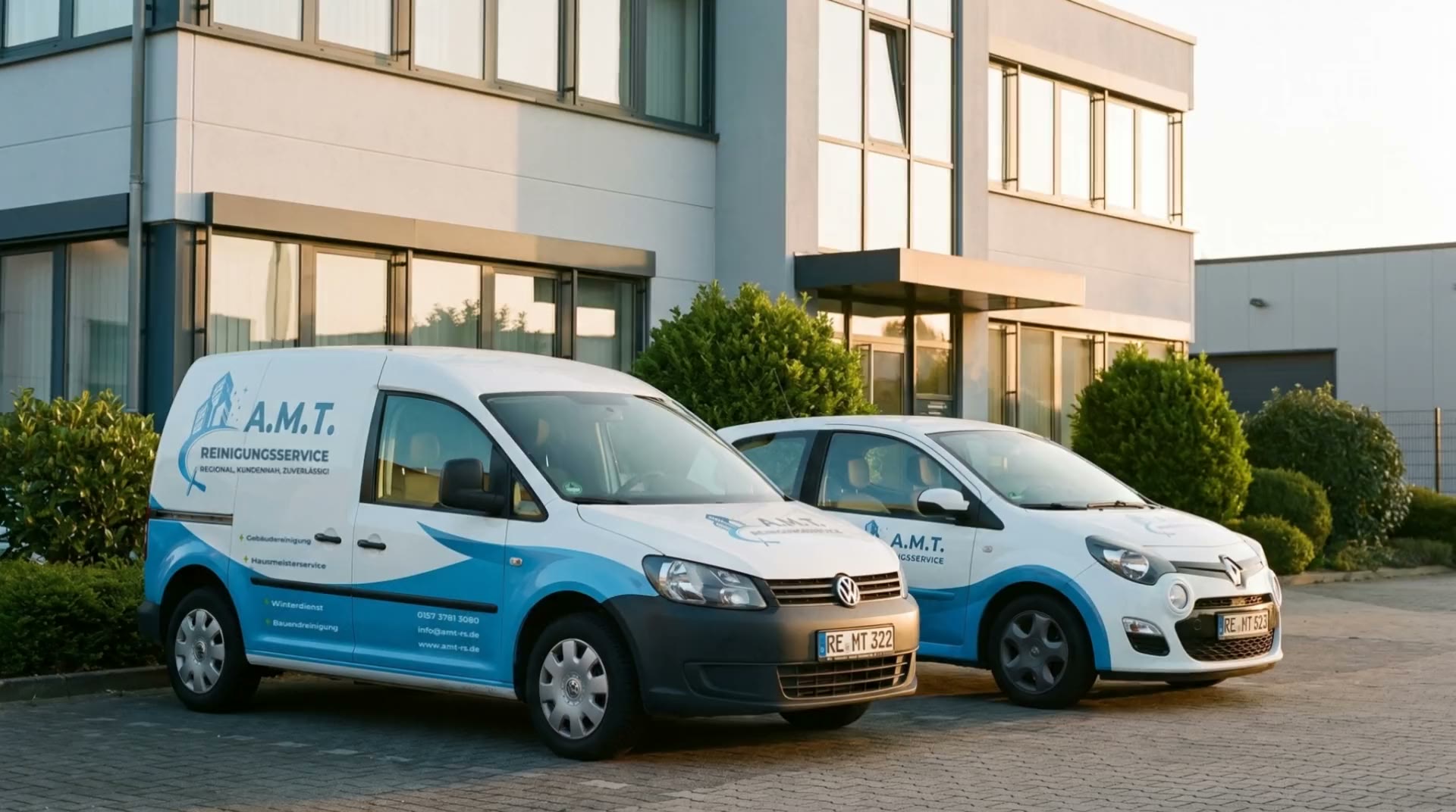 Die beiden Firmenwagen von A.M.T., ein VW Caddy und ein Renault Twingo in Blau und Weiß, vor einem Bürogebäude in der Abendsonne
